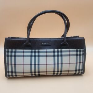 BURBERRY Brown Leather House Check Jacquard Handbag Long..Authentic....